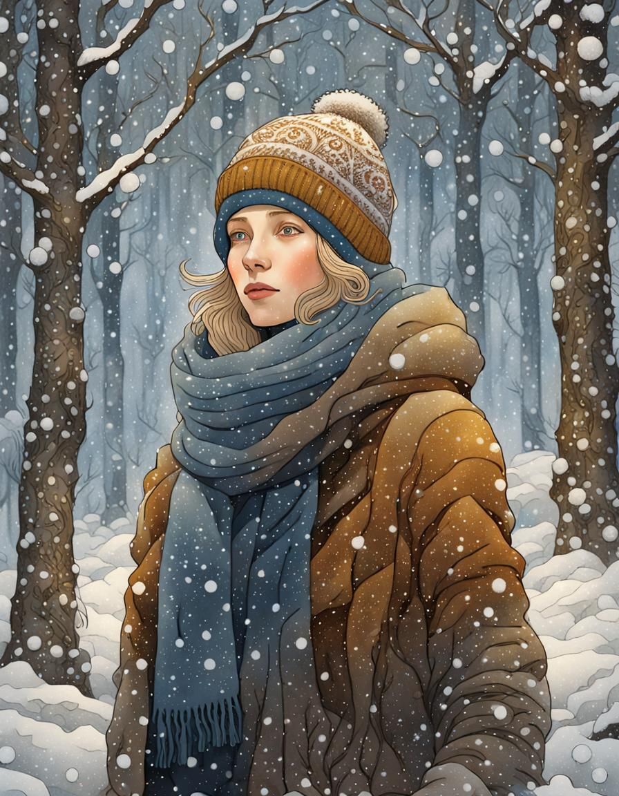 Woman in Snowy Forest in Fairytale Illustration Style