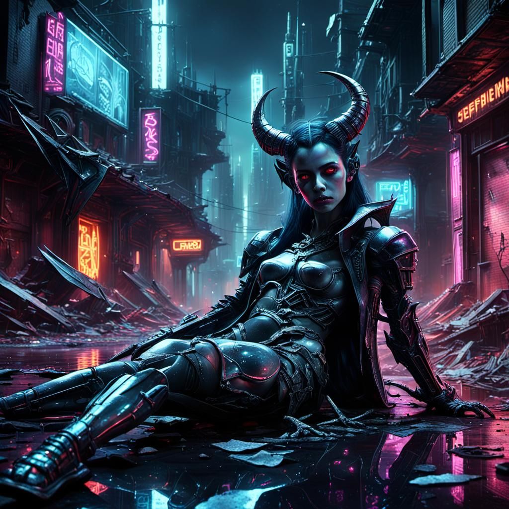 Dead Succubus in Dystopian Cyberpunk Cityscape