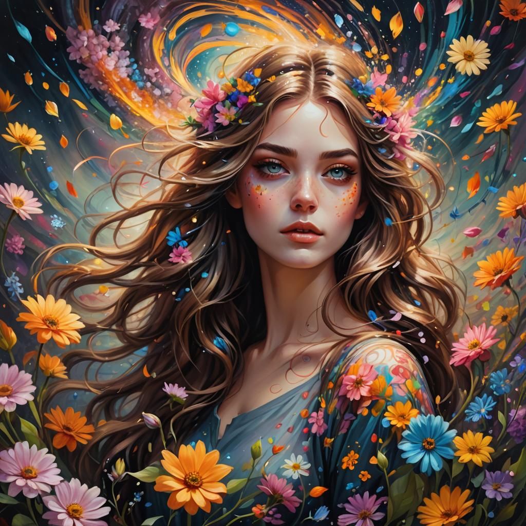 Girl in Flower Vortex Oil Painting