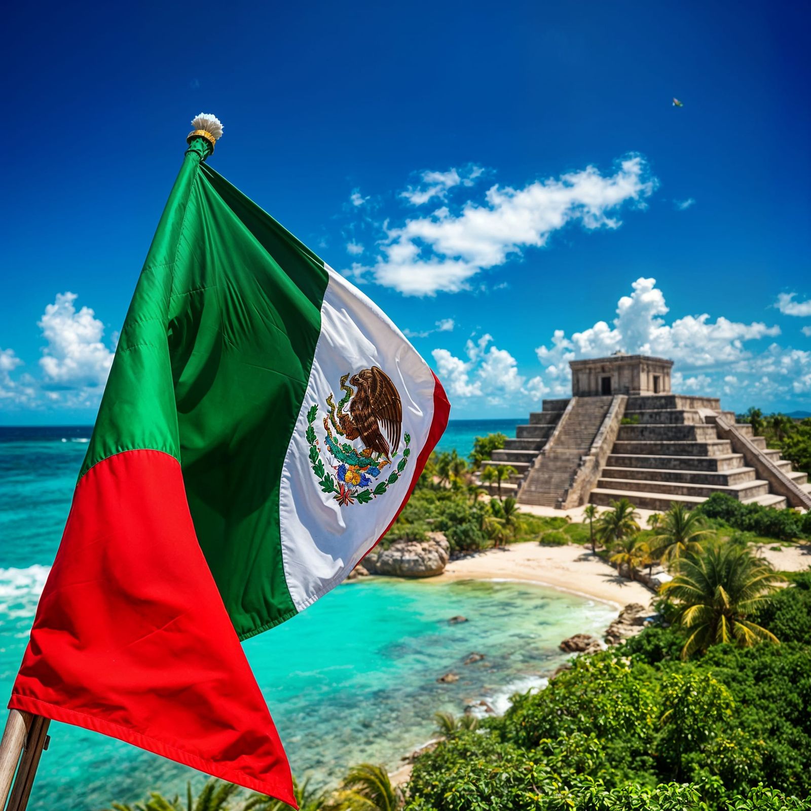 Mexican Flag Waving at Tulum Ruins