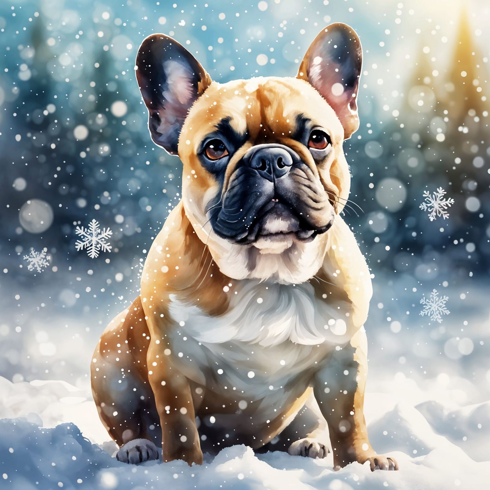 Cute French Bulldog in Snow, English Watercolor Style