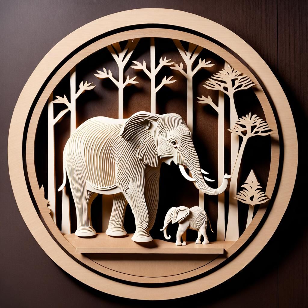 Elefant against a forest background, japandi style wall deco