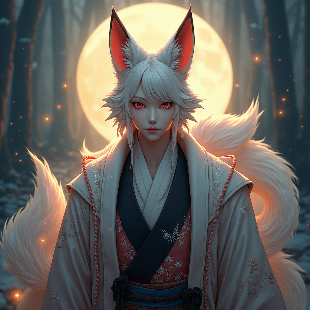 Mystical Kitsune Portrait in Japanese Folklore Style