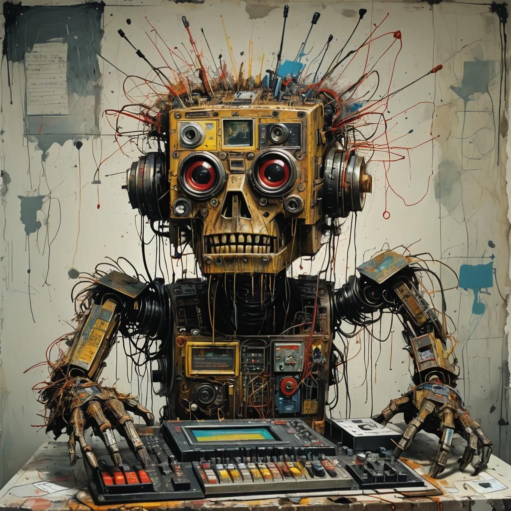 Stoned Robot DJ Mutant in Basquiat-Beksiński Style
