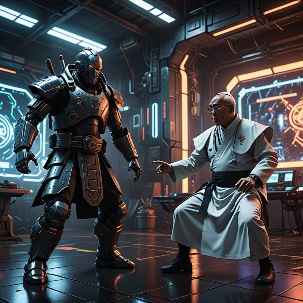 Cyberpunk Dalai Lama and Pope Engage in Epic Karate Combat