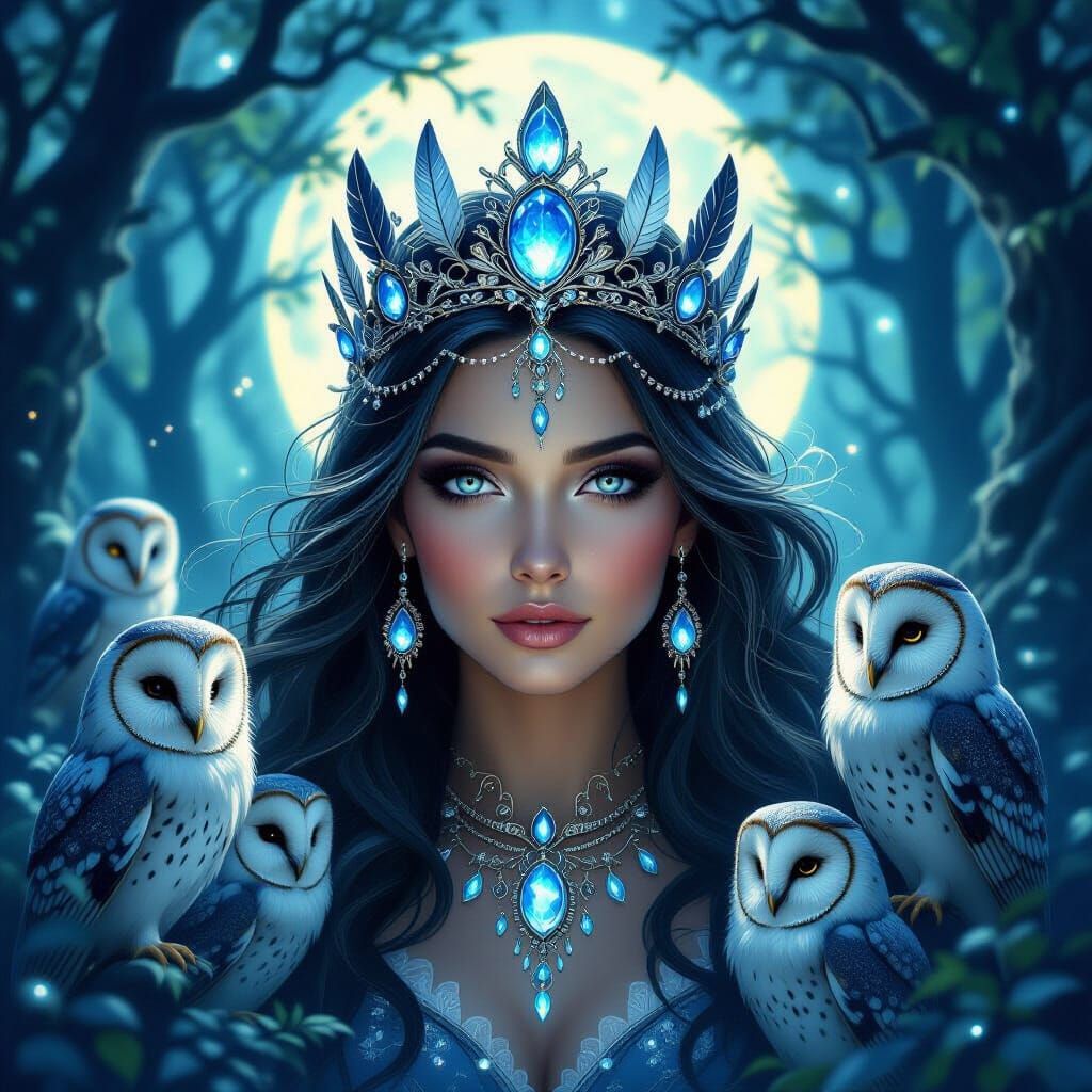 Mystical Queen with Owls in Moonlit Forest, Fantasy Realism