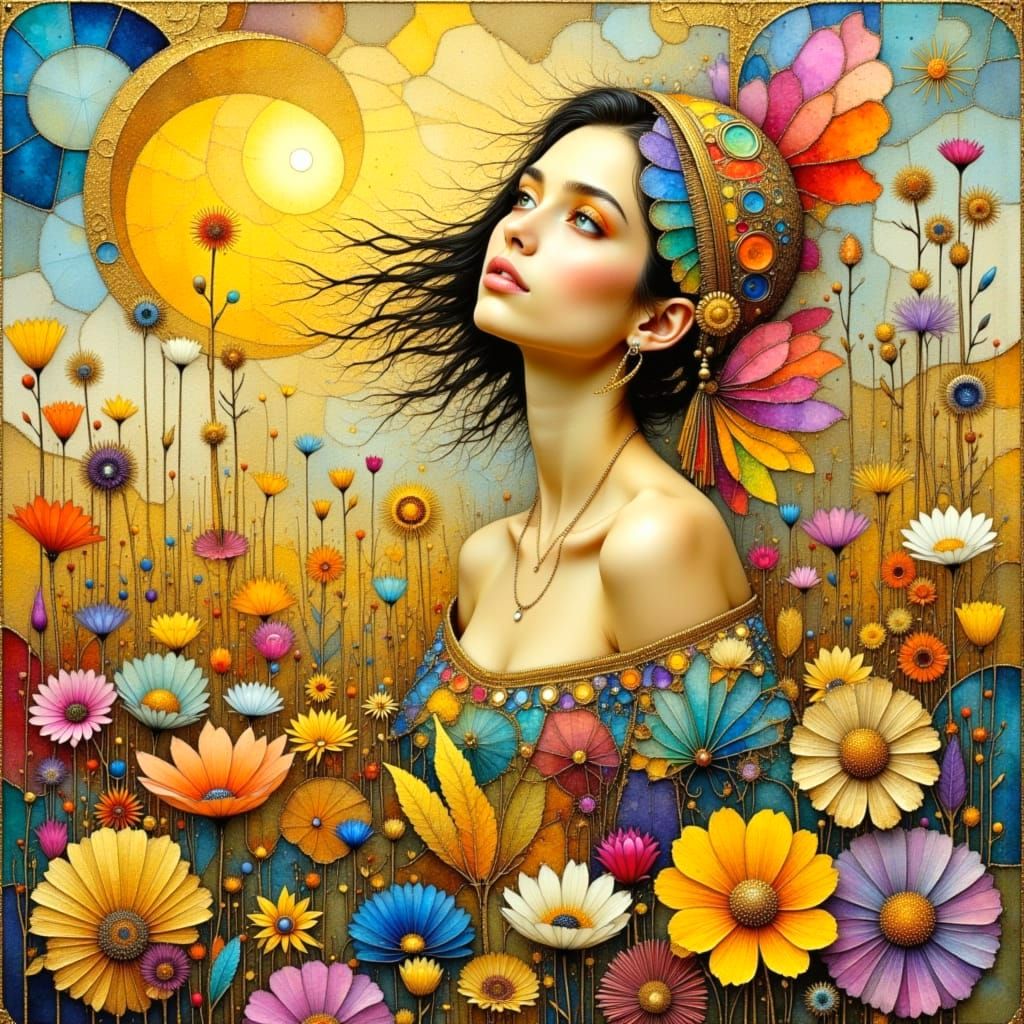 Ethereal Boho Goddess in Vibrant Wildflower Meadow