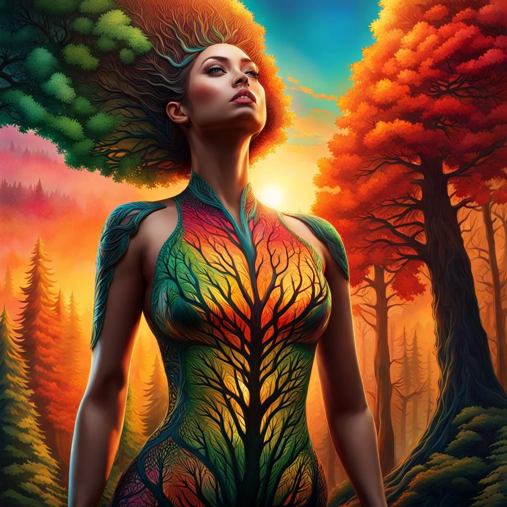 Forest of Woman-Shaped Trees at Sunset