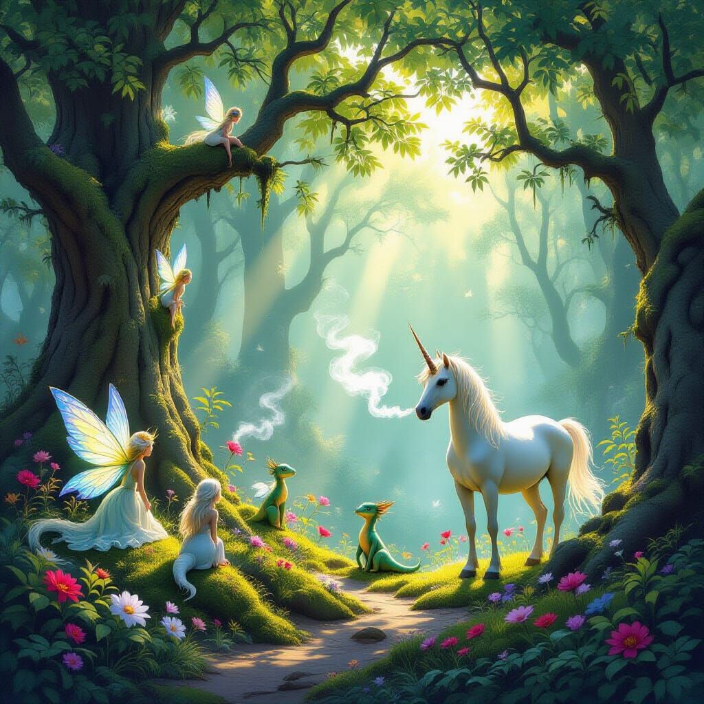 Enchanted Forest with Fantastical Creatures and Soft Lightin...