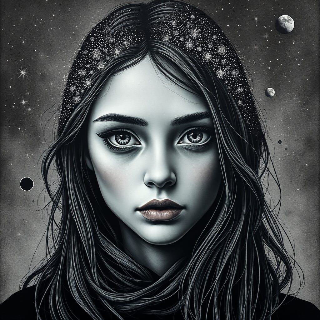 Girl's Portrait: Dark, Detailed Oil Painting with Cosmic Ele...