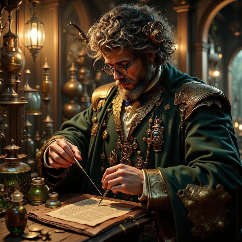 Magical Alchemist Crafting Potions in Dimly Lit Shop