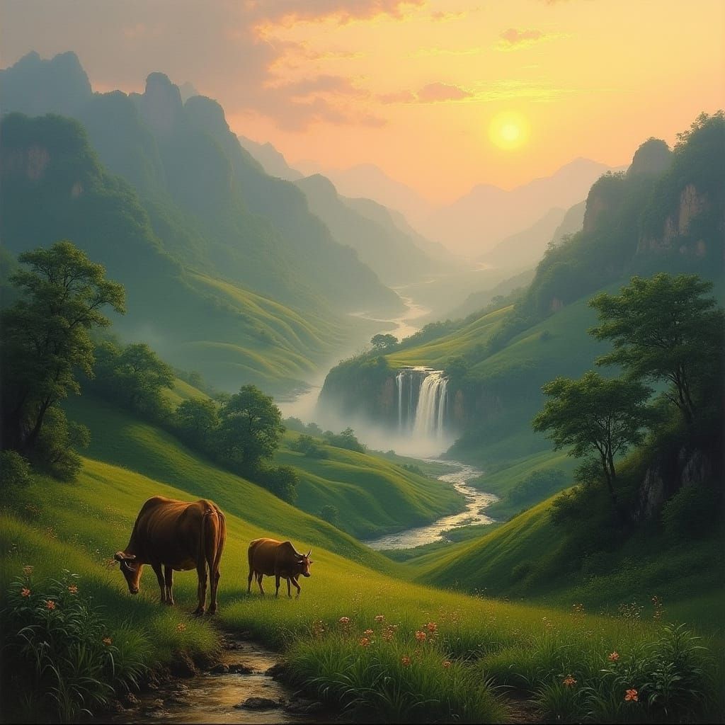 Serenely Rolling Vietnamese Countryside with Water Buffalo a...
