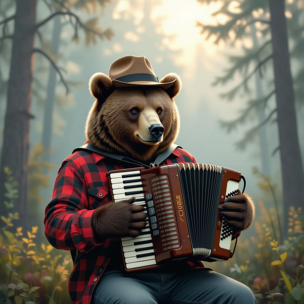 Bear Plays Accordion in Atmospheric Landscape