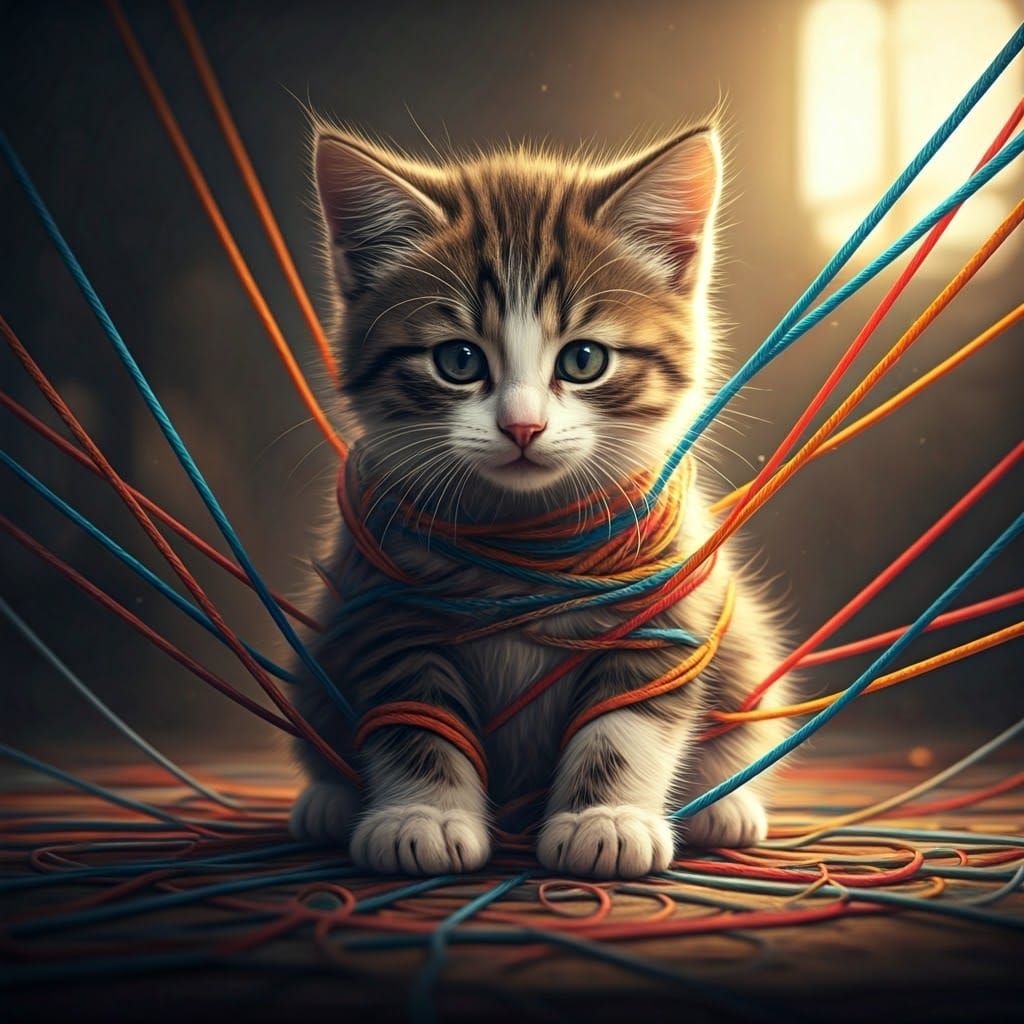 Kitten Tangled in Colorful Strings: Hyperrealistic Digital A...