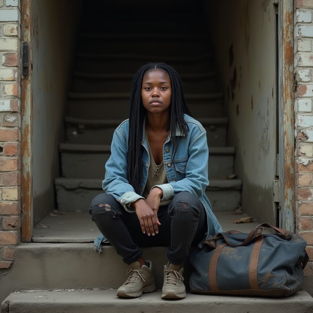 Worn Woman on Stoop in Hyperrealistic Style