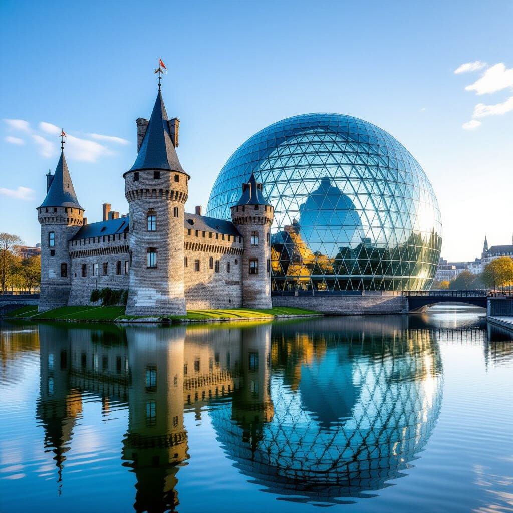 Medieval Castle Beside Shimmering Glass Dome City