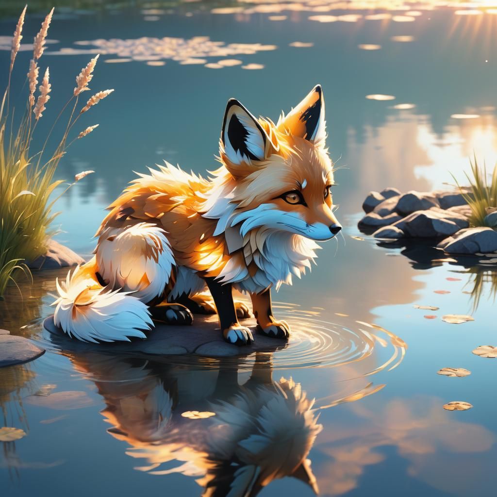 Water Fox Kneeling by Serene Lake: 3D Anime Art