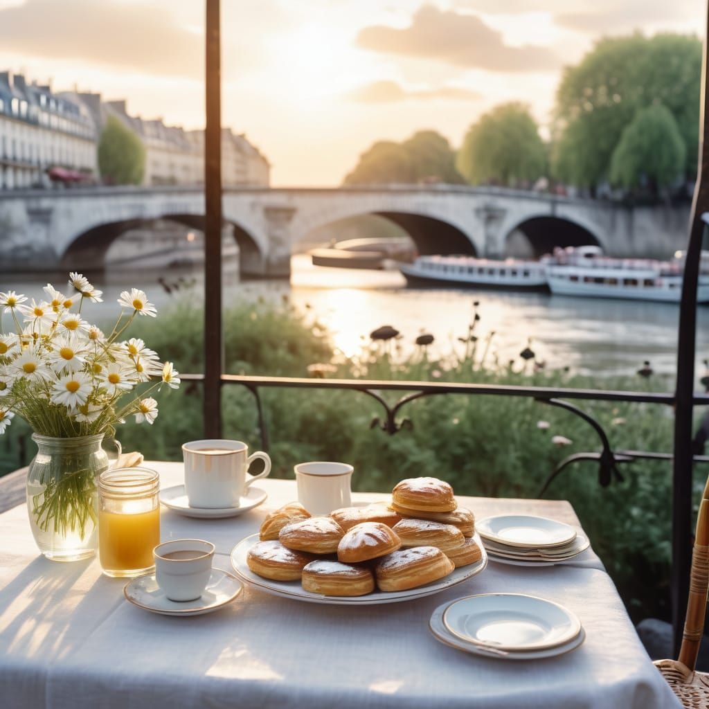 Parisian Cafe at Sunset with Silhouetted Woman