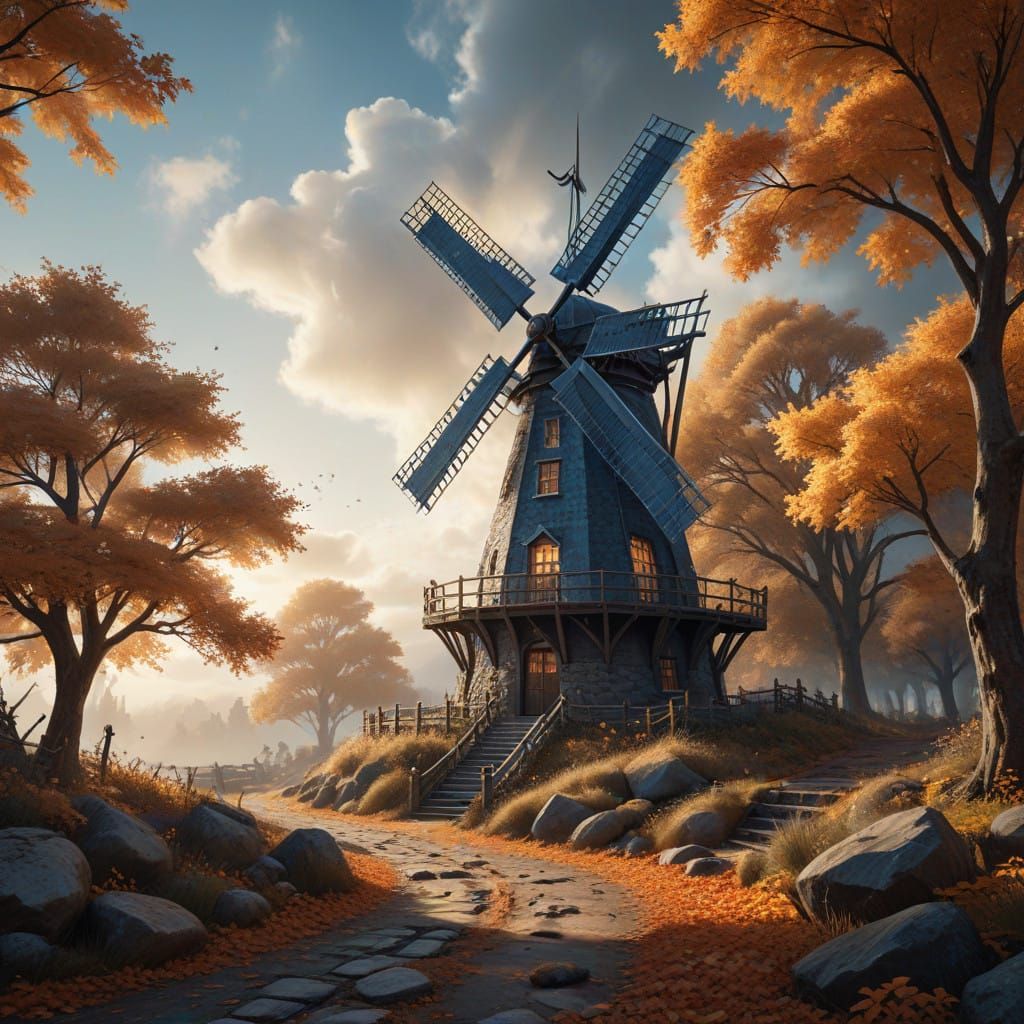 Majestic Autumn Windmill in Soft Focus, HDR Effect