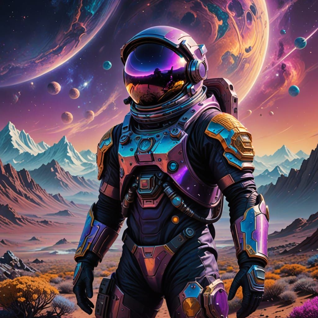 Astronaut on Alien Planet Amidst Vibrant Nebula