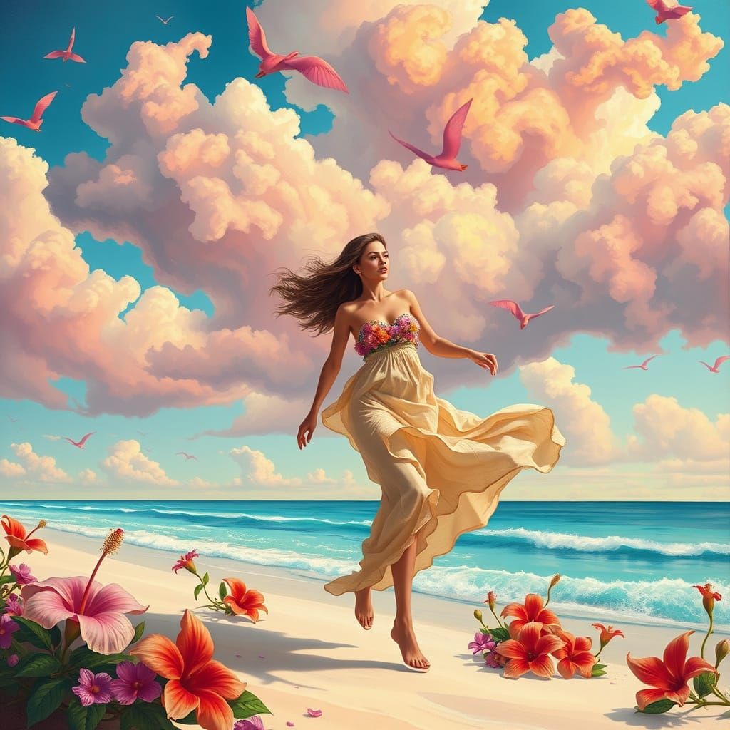 Dreamlike Woman Runs Through Vibrant Caribbean Beach