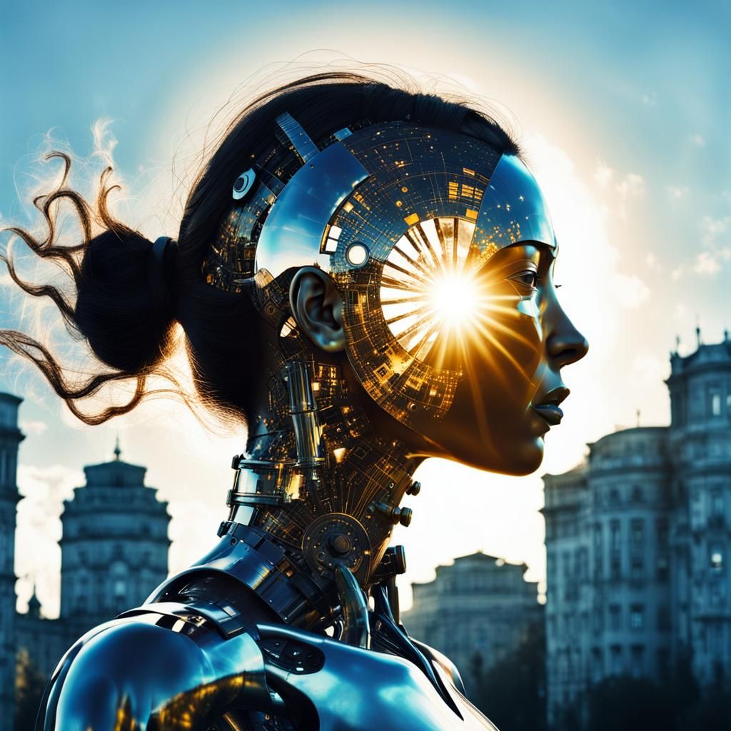 Cyborg Silhouette in Futuristic St. Petersburg: Digital Phot...