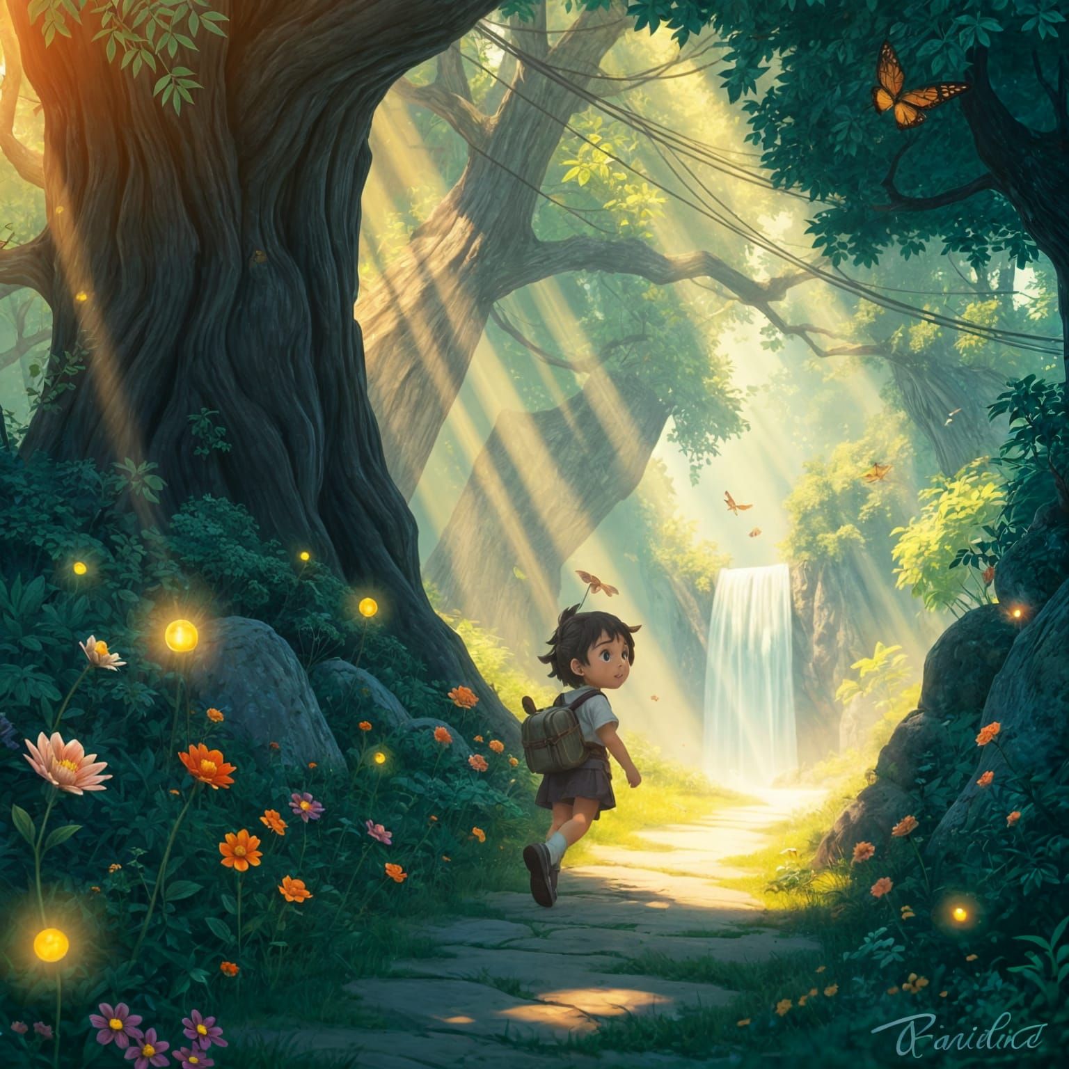 Whimsical Ghibli Landscape with Enchanted Forest