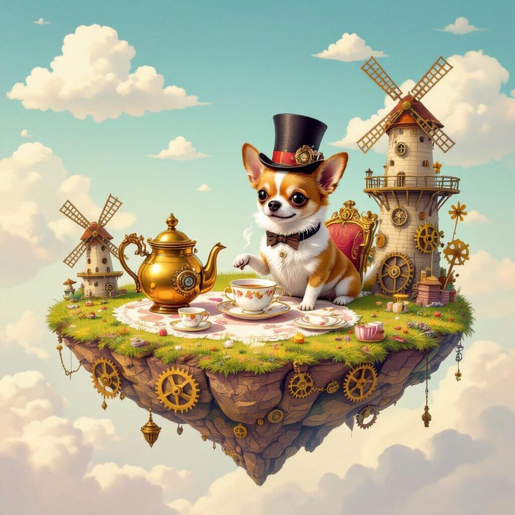 Steampunk Tea Party with Chihuahua on Floating Island