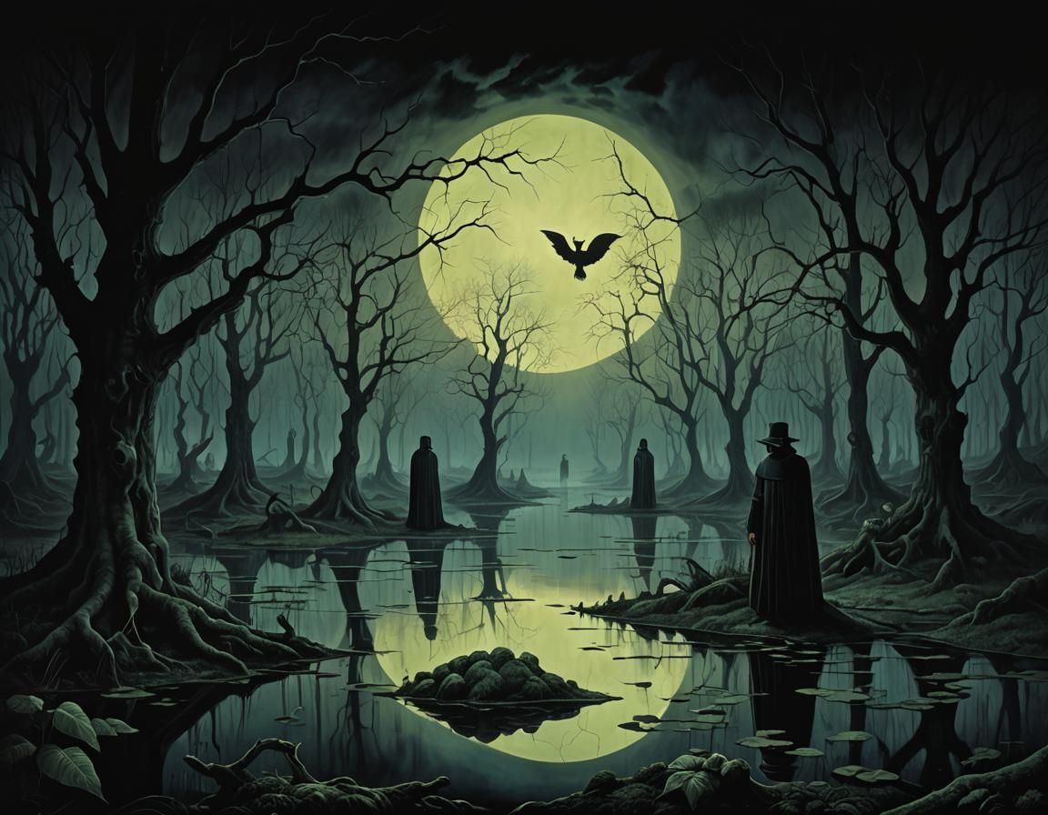 Ominous Gothic Dreamscape: Lost Souls in Fluorescent Swamp