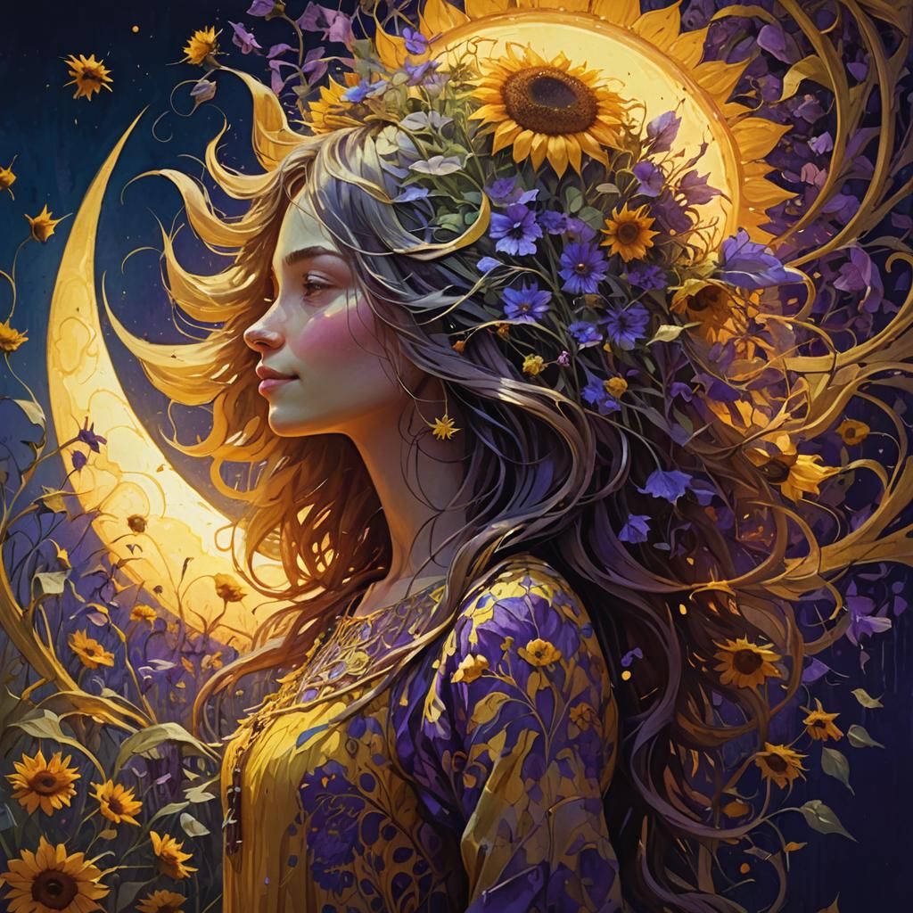 Girl in Meadow: Surreal Art Nouveau Digital Portrait