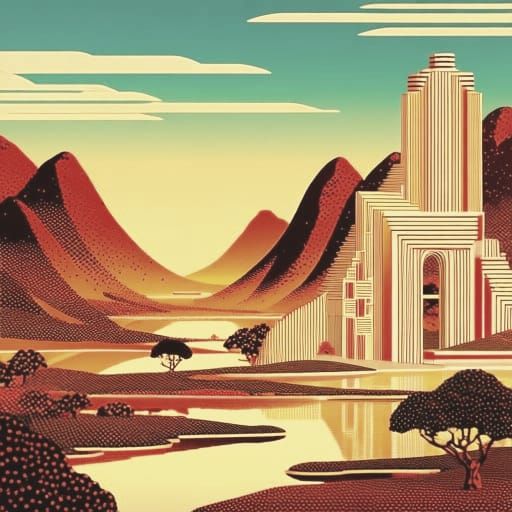 Art Deco Liminal Landscape with Ukiyo-e Influence