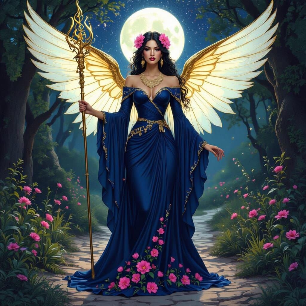 Elegant Goddess in Starry Forest: Fantasy Art