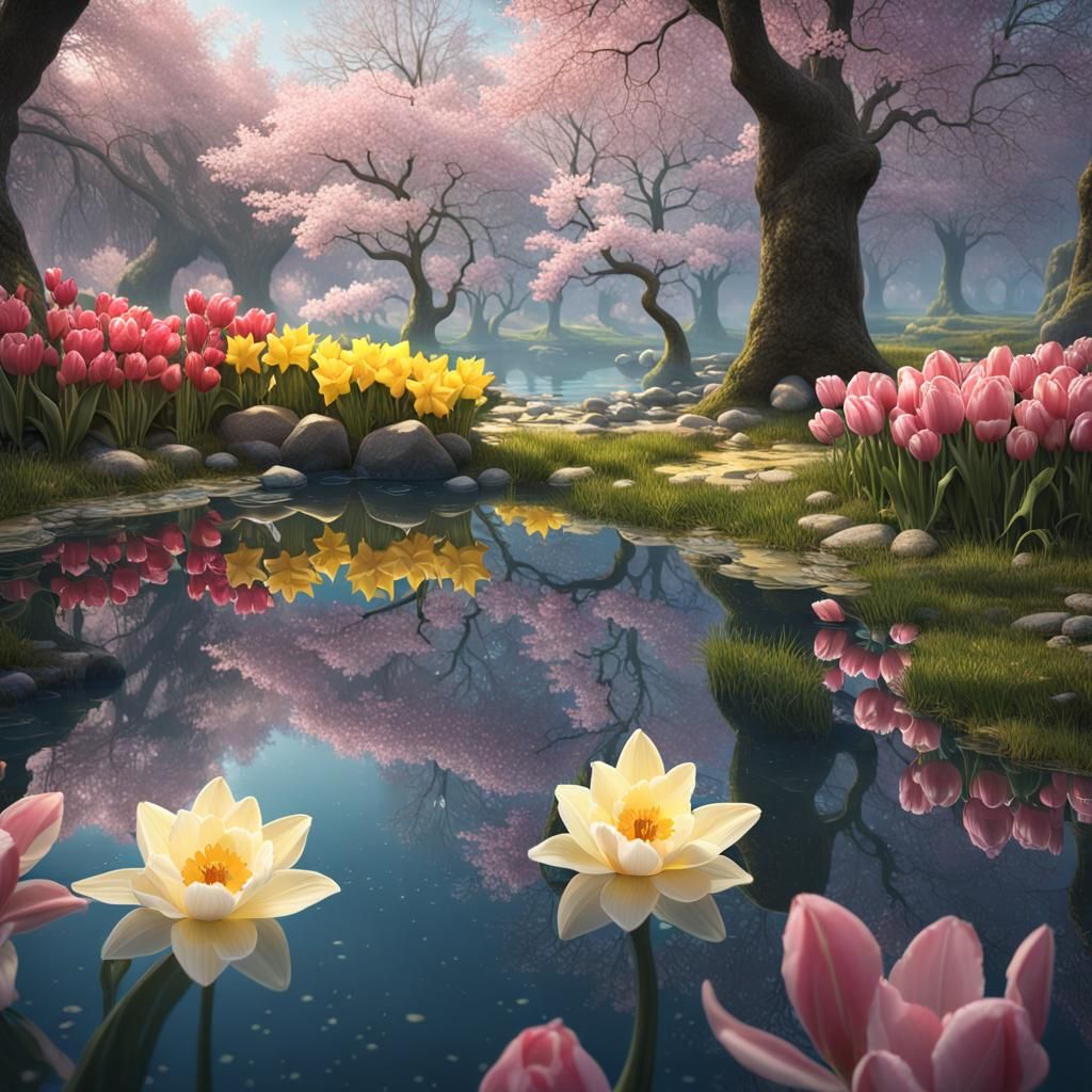 Spring Flowers Reflect on Lake: Art Nouveau Style