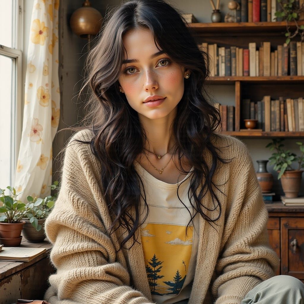 Stylish Woman in Cozy Apartment, Ink Art