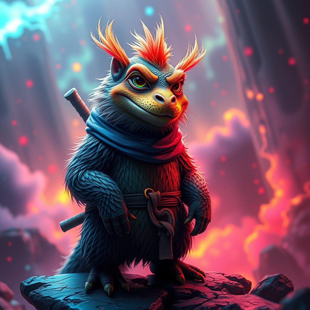 Surreal Ninja Alligator Hamster in Vibrant, Dreamlike Realm