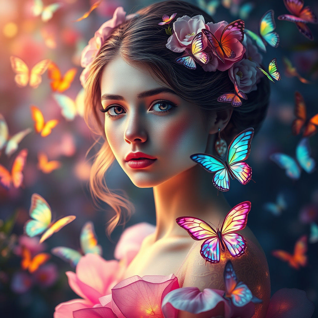 Ethereal Flower Girl Portrait in Art Nouveau Style