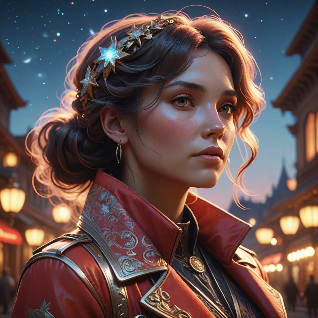 Serene Girl Gazing at Moonlit Stars in Pastel Red Jacket