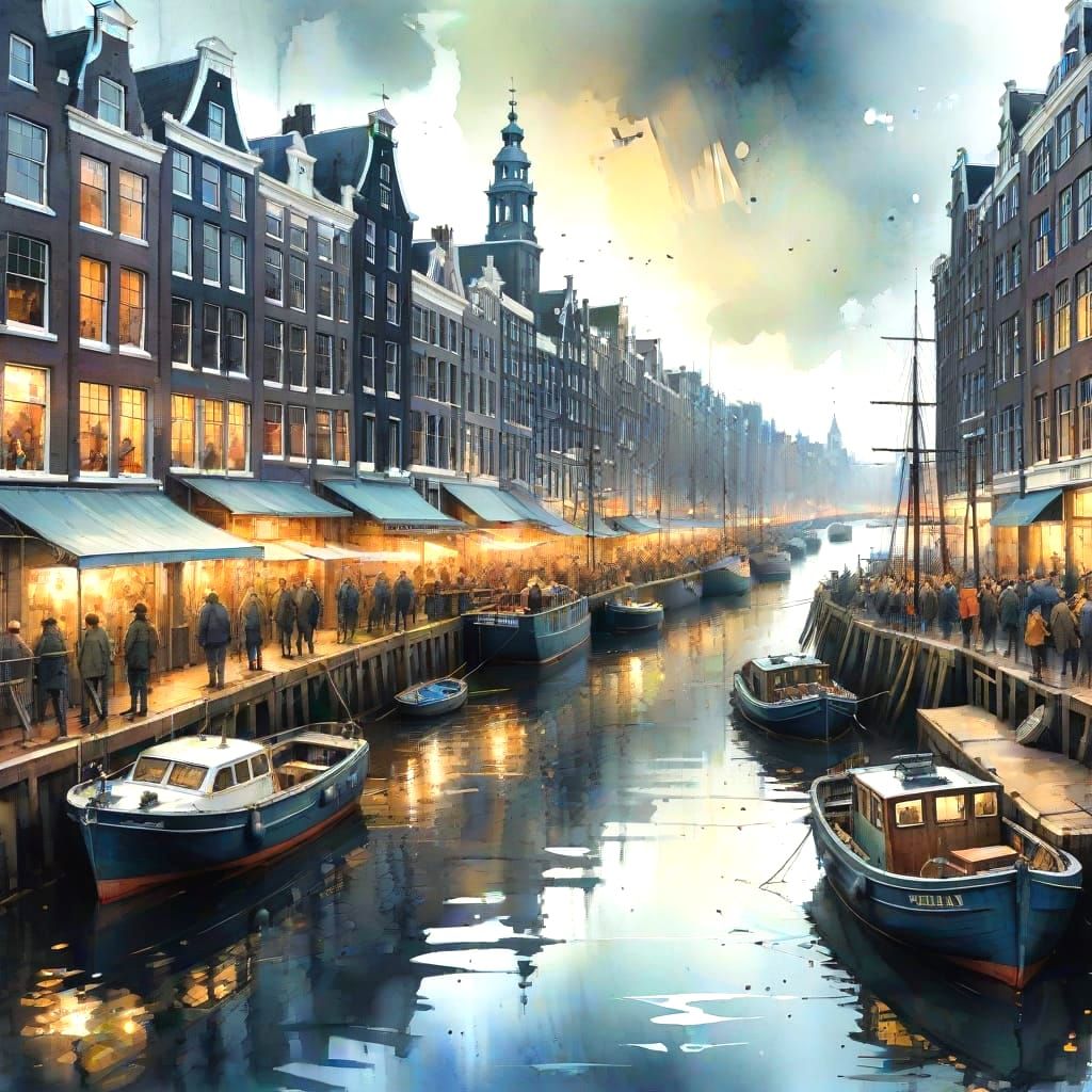 Amsterdam Harbour Scene in Watercolor Style