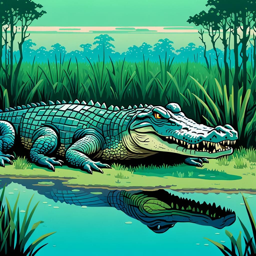 Crocodile in Salt Marsh: 16-bit Pixel Art