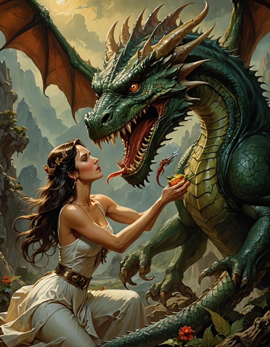 Woman Feeds Dragon in Heroic Fantasy Style