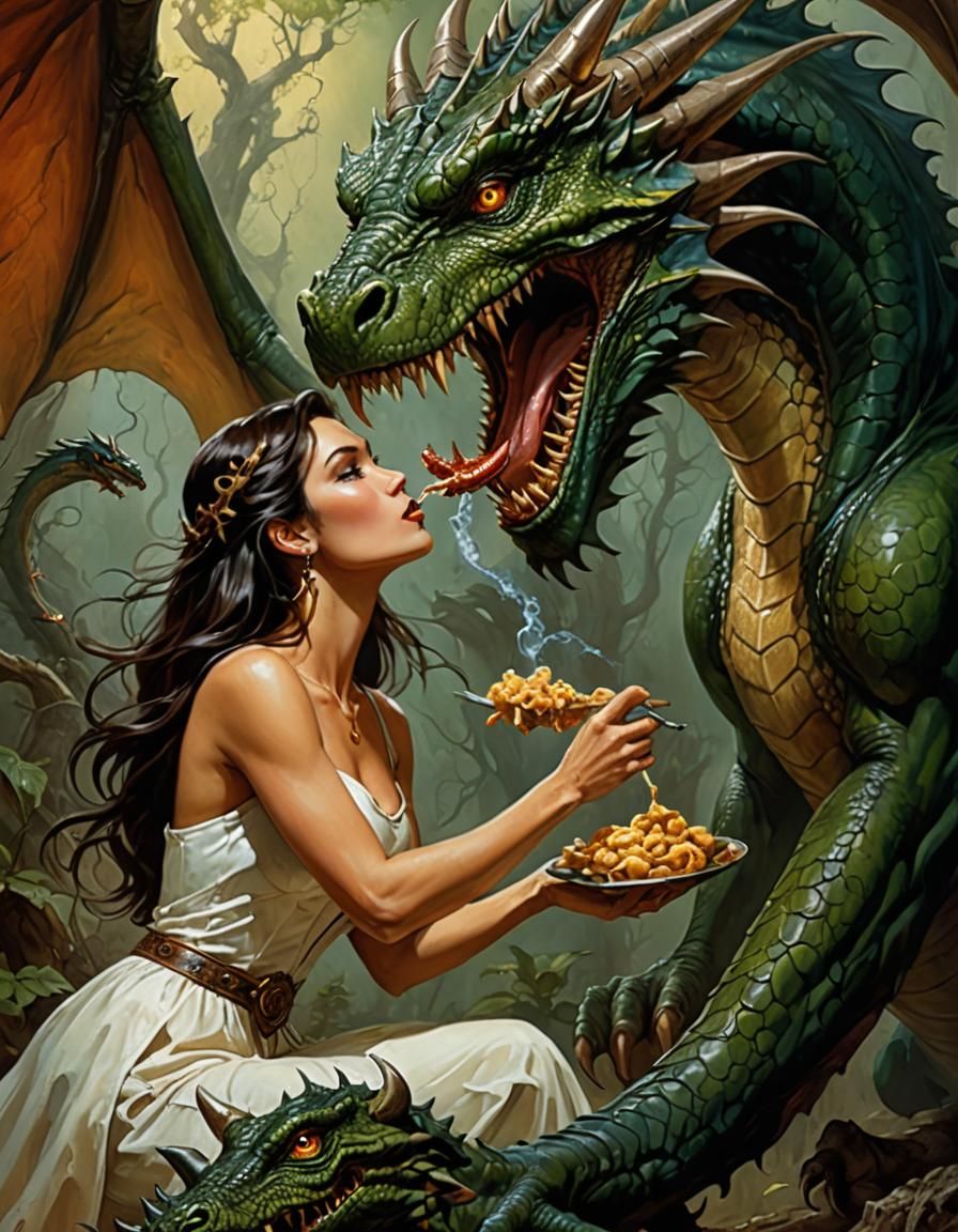 Woman Feeding Dragon in Fantasy Art Style
