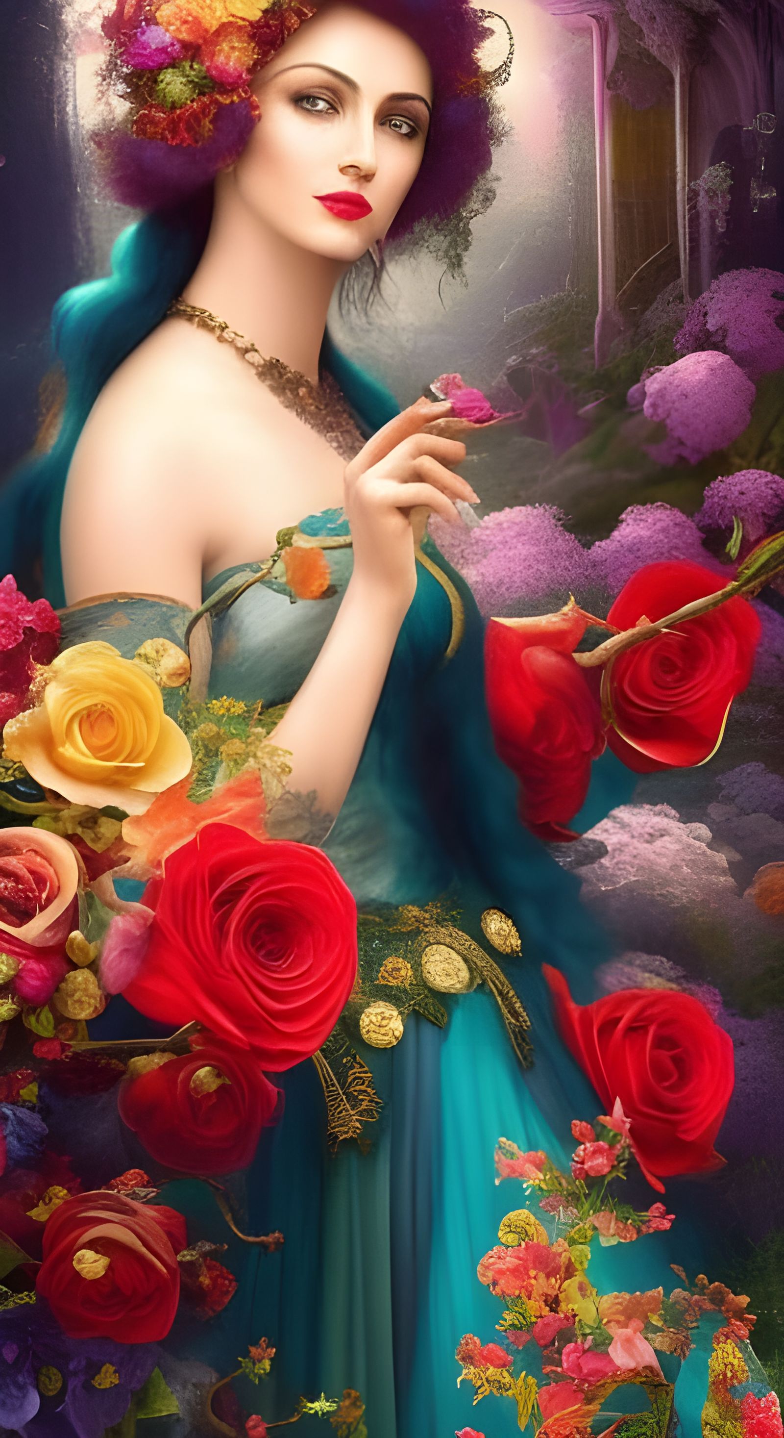 Enchantress Holding Rose in Stained Glass Style