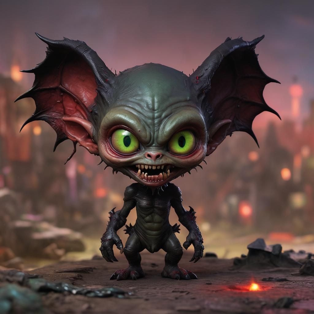 A 3D chibi style render of a strange, scary demonic alien cr...