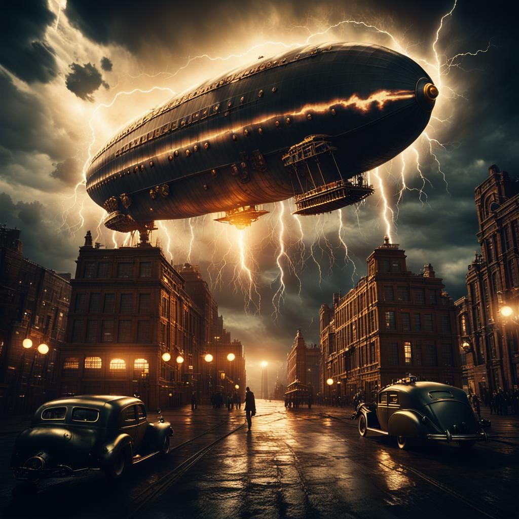 Steampunk Zeppelin Hit By Lightning in Film Noir Style