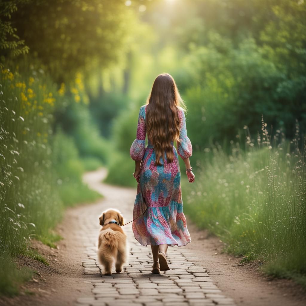 Woman with Puppies on a Lonesome Path
