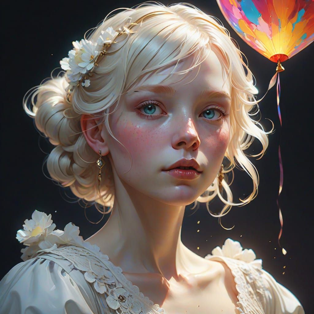 Whimsical Albinos Woman in Elegant Gown with Heart-Shaped Ba...