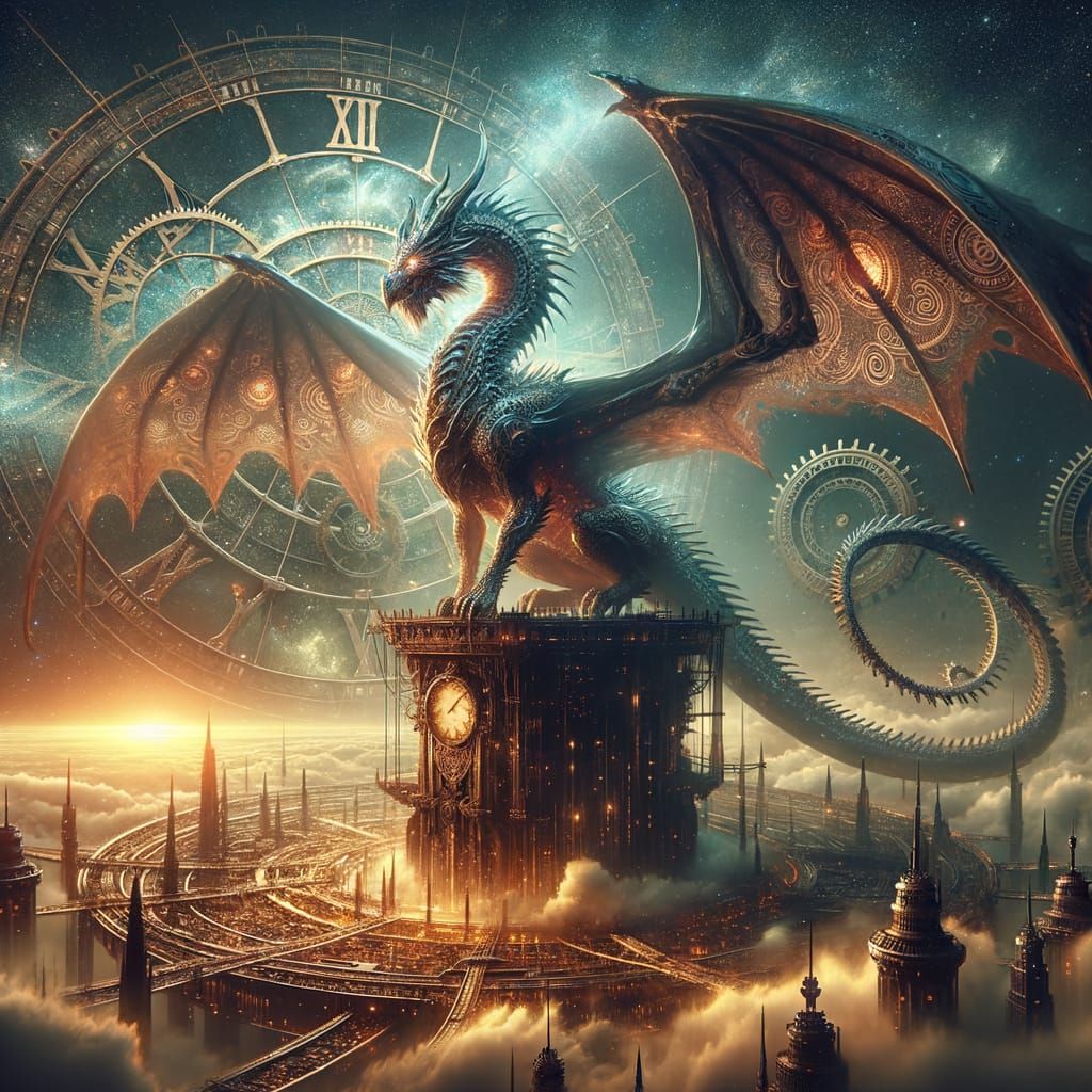 Majestic Dragon on Clock Tower Amidst Nebulae and Steampunk ...