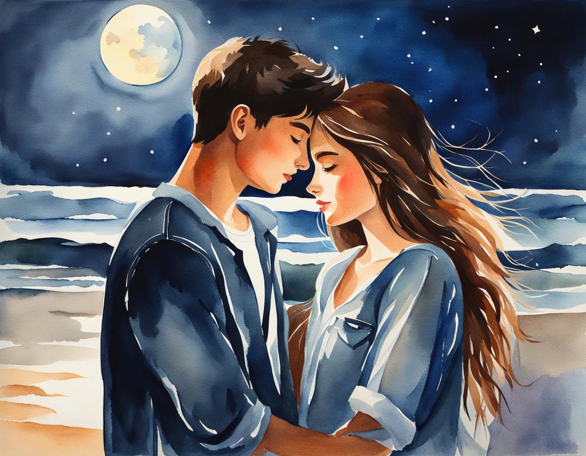 Romantic Teen Embrace on Beach in Watercolor
