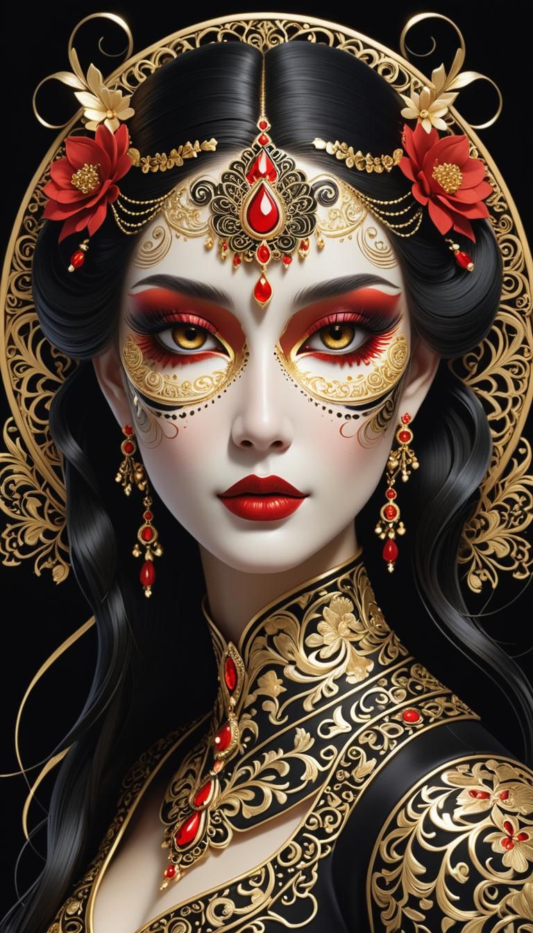 Steampunk Woman with Robotic Mask and Lotus Flower