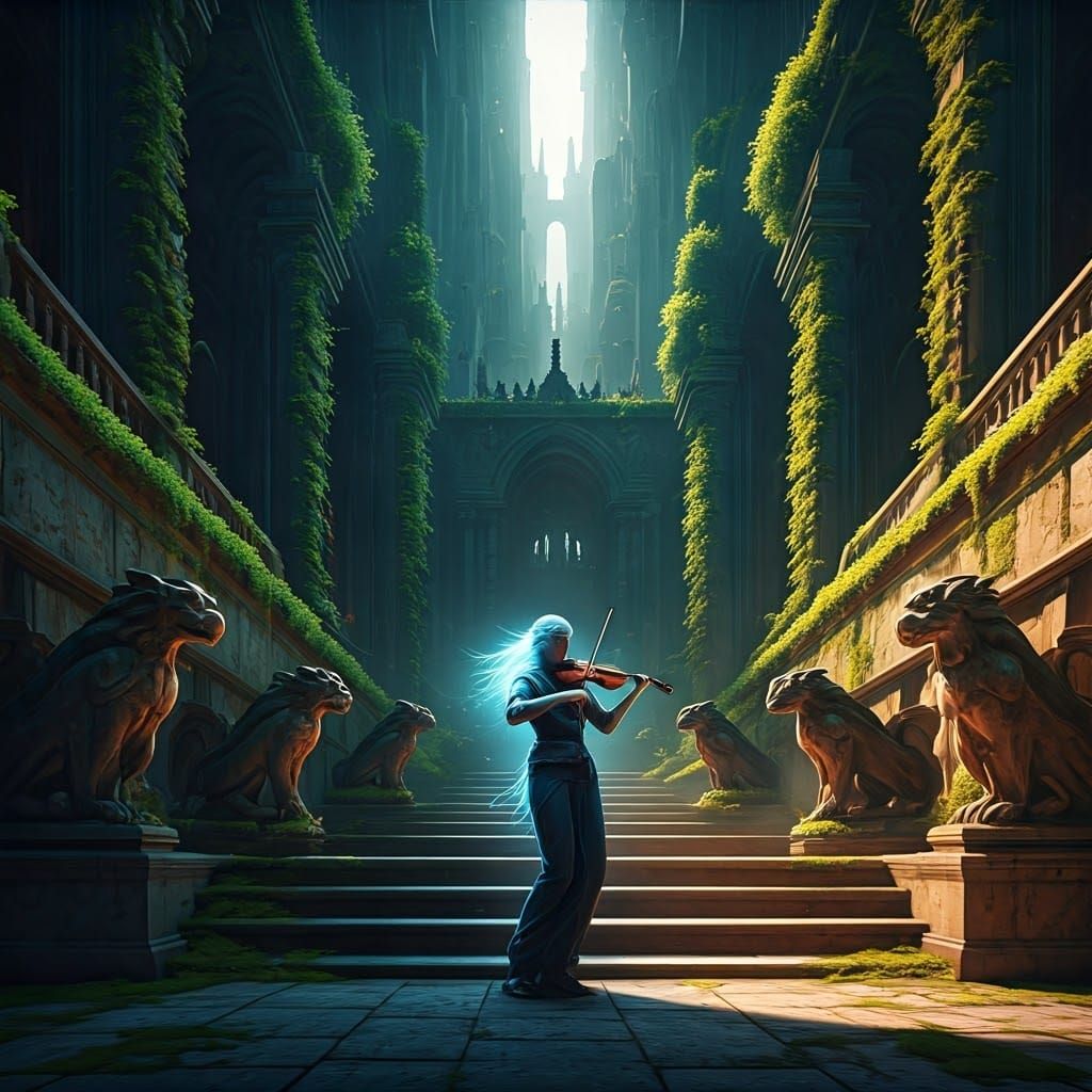 Ethereal Violinist in Dystopian Cityscape: Digital Art